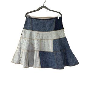Vintage DKNY Y2K Womens 8 Boho Denim Patchwork Flare Swing Skater Skirt Hippie